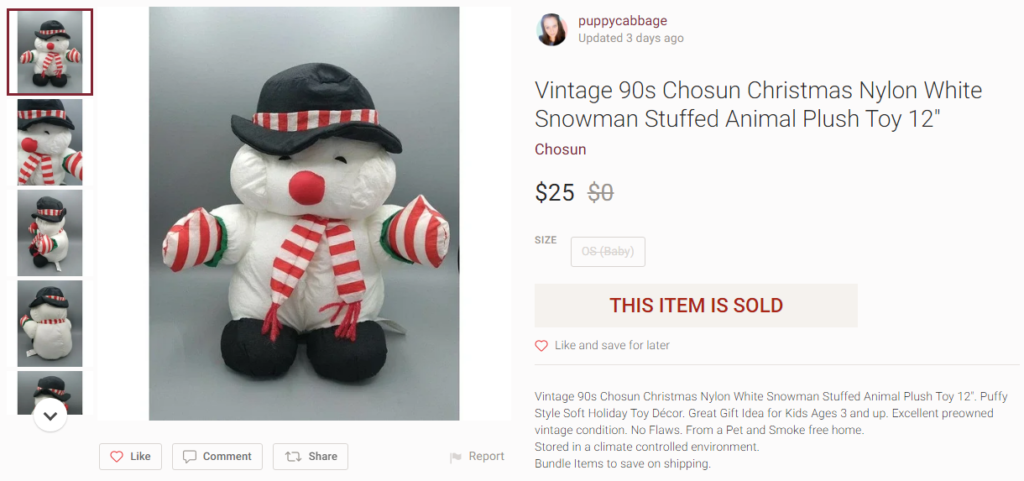 The listing for new Snowman on Poshmark