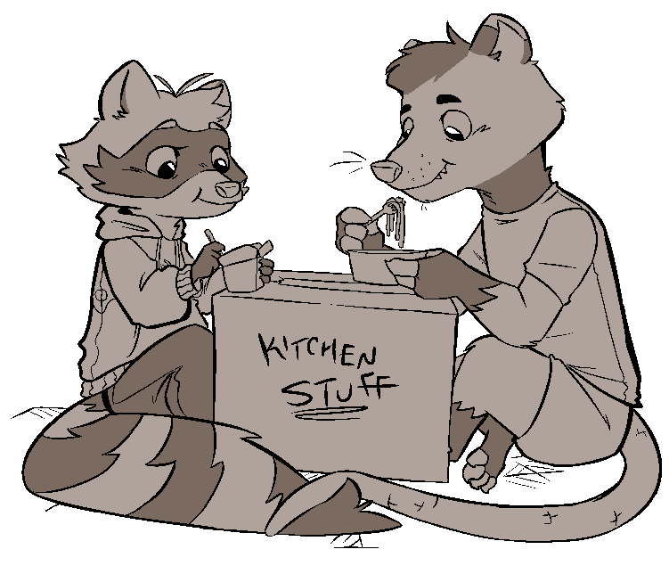 raccoon and possum eating chinese takeout off of a box labelled "kitchen stuff"