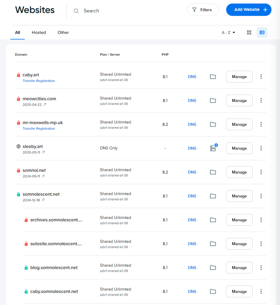 A partial list of domains and subdomains on my hosting account