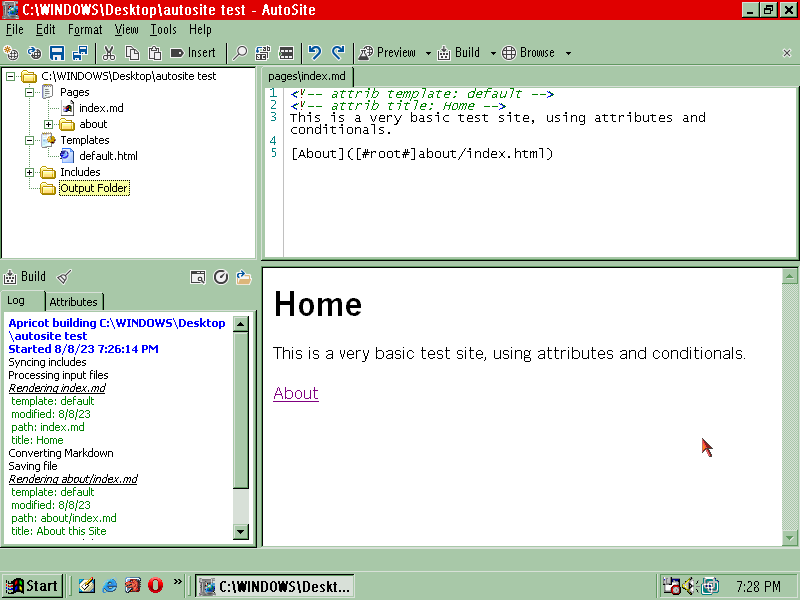 AutoSite running on Windows 98, displaying the new toolstrip at the top of the window rather than within the editor.