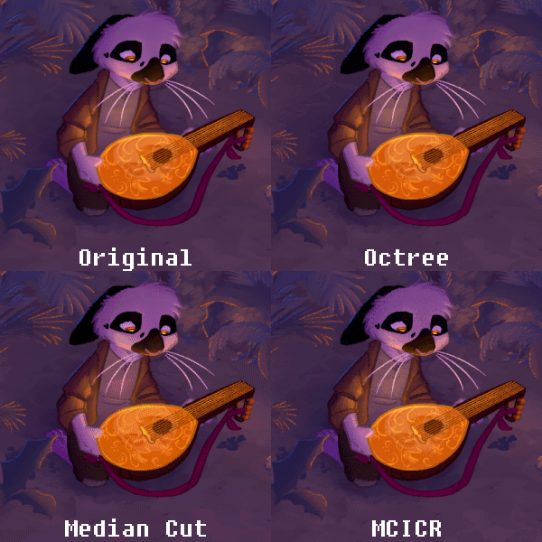 A comparison of various quantization and dither schemes using the Starlit lute drawing