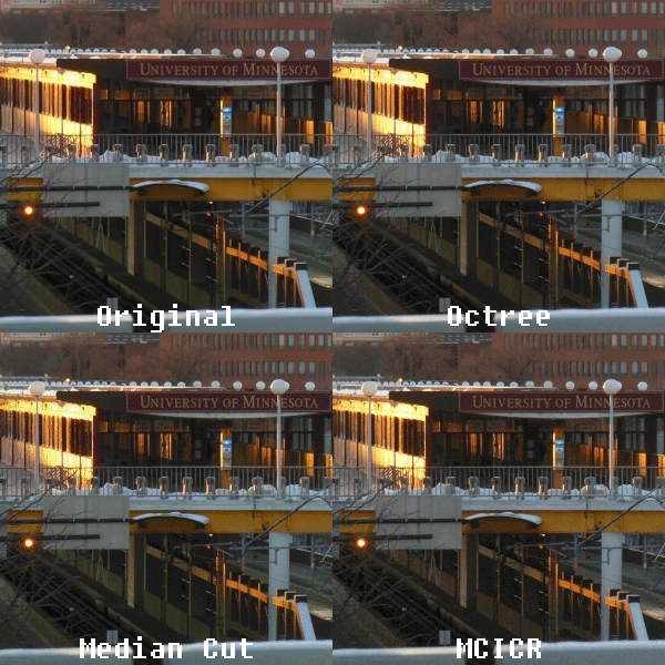 A comparison of various quantization and dither schemes using the Campus in the winter photo