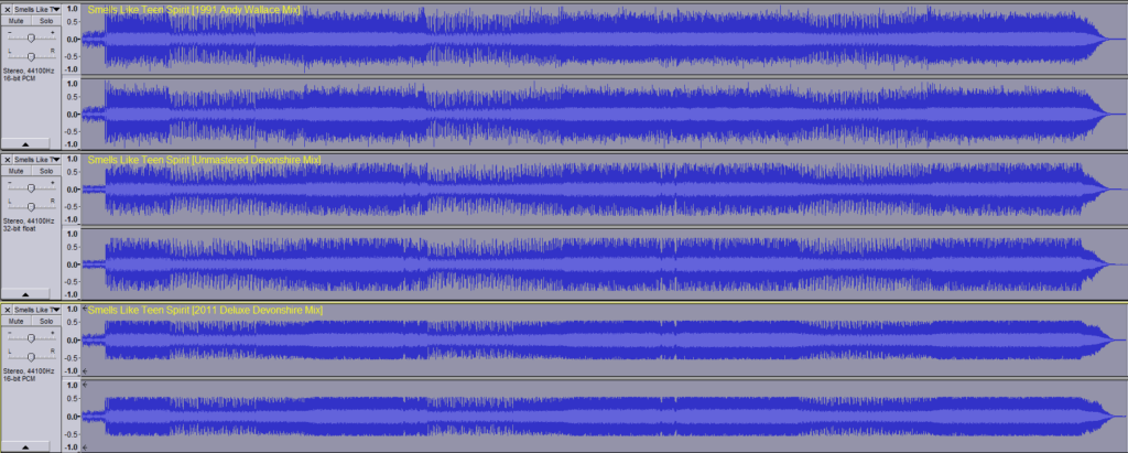 Waveforms of three versions of Smells Like Teen Spirit to demonstrate the loudness war